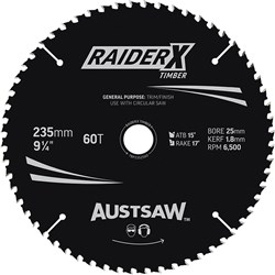 Austsaw RaiderX Timber Blade 235mm x 25 Bore x 60 T Thin Kerf