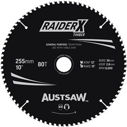 Austsaw RaiderX Timber Blade 255mm x 30 Bore x 25.4mm Bush 80 T Table Saw