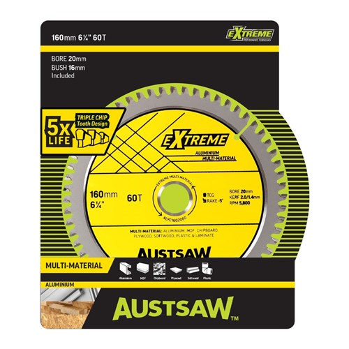 Austsaw - 160mm (6 1/4in) Aluminium Blade Triple Chip - 20/16mm Bore - 60 Teeth