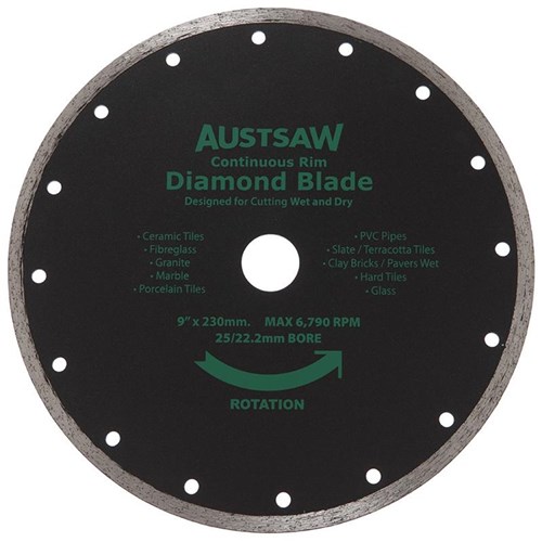 Austsaw - 230mm(9in) Diamond Blade Continuous Rim - 25/22.2mm Bore - Continuous