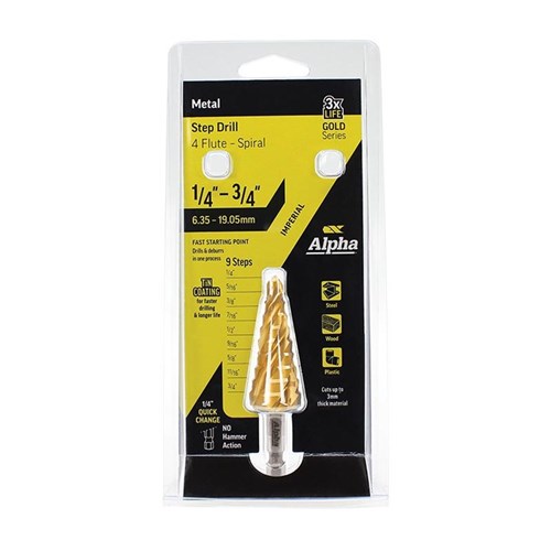 1/4-3/4in 4 Flute Spiral Step Drill - Quick Release Hex Shank Carded