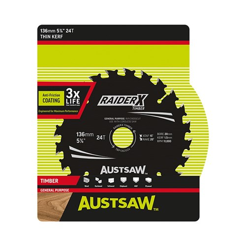 Austsaw RaiderX Timber Blade 136mm x 20/16 Bore x 24 T Thin Kerf