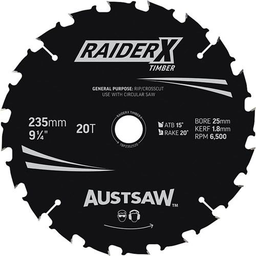 Austsaw RaiderX Timber Blade 235mm x 25 Bore x 20 T Thin Kerf