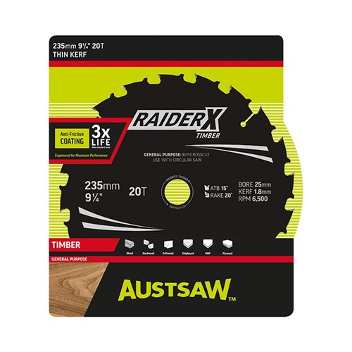 Austsaw RaiderX Timber Blade 235mm x 25 Bore x 20 T Thin Kerf