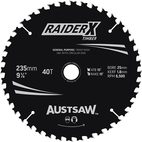 Austsaw RaiderX Timber Blade 235mm x 25 Bore x 40 T Thin Kerf