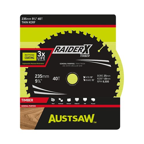 Austsaw RaiderX Timber Blade 235mm x 25 Bore x 40 T Thin Kerf