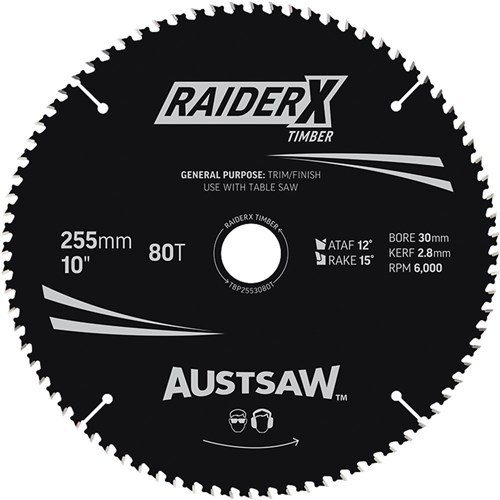 Austsaw RaiderX Timber Blade 255mm x 30 Bore x 25.4mm Bush 80 T Table Saw