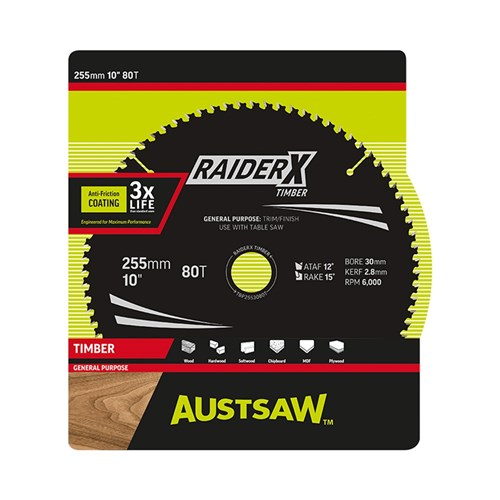 Austsaw RaiderX Timber Blade 255mm x 30 Bore x 25.4mm Bush 80 T Table Saw