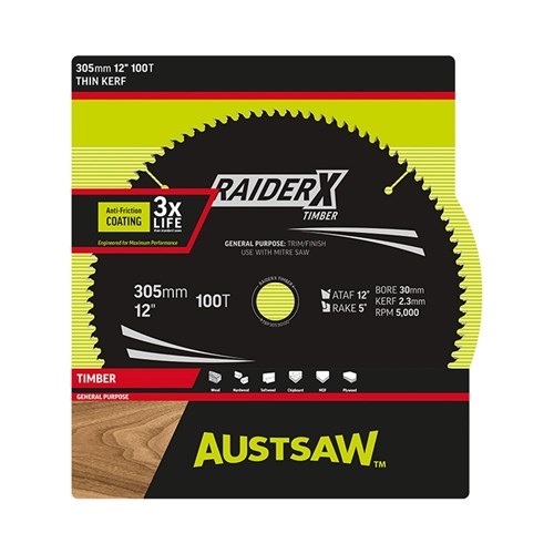 Austsaw RaiderX Timber Blade 305mm x 30 Bore x 25.4mm Bush 100 T Thin Kerf