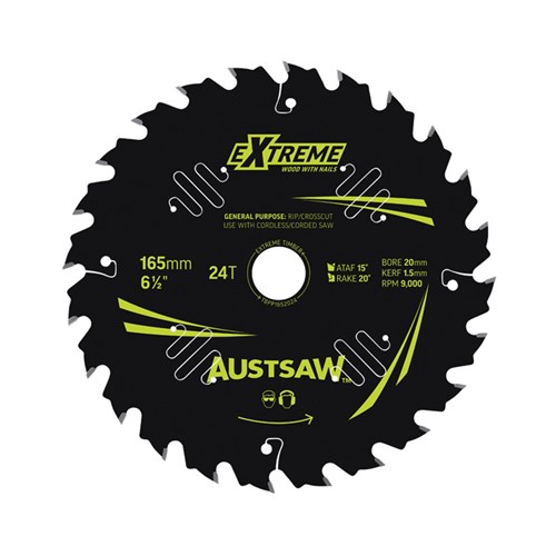 Austsaw Extreme: Wood with Nails Blade 165mm x 20/16 Bore x 24 T Thin Kerf