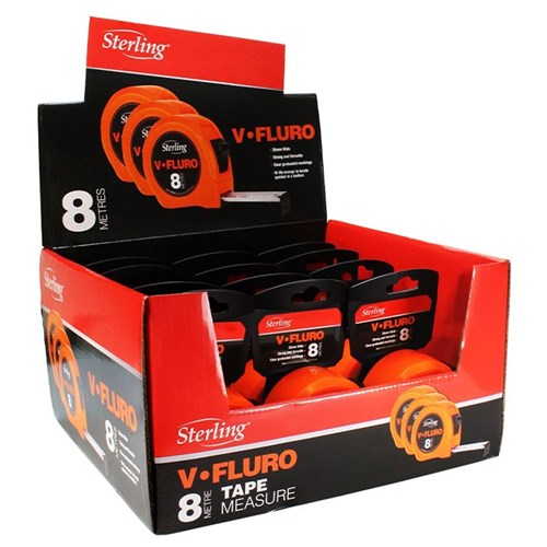 8m x 25mm V-Force Fluro Measuring Tape - Safety Orange